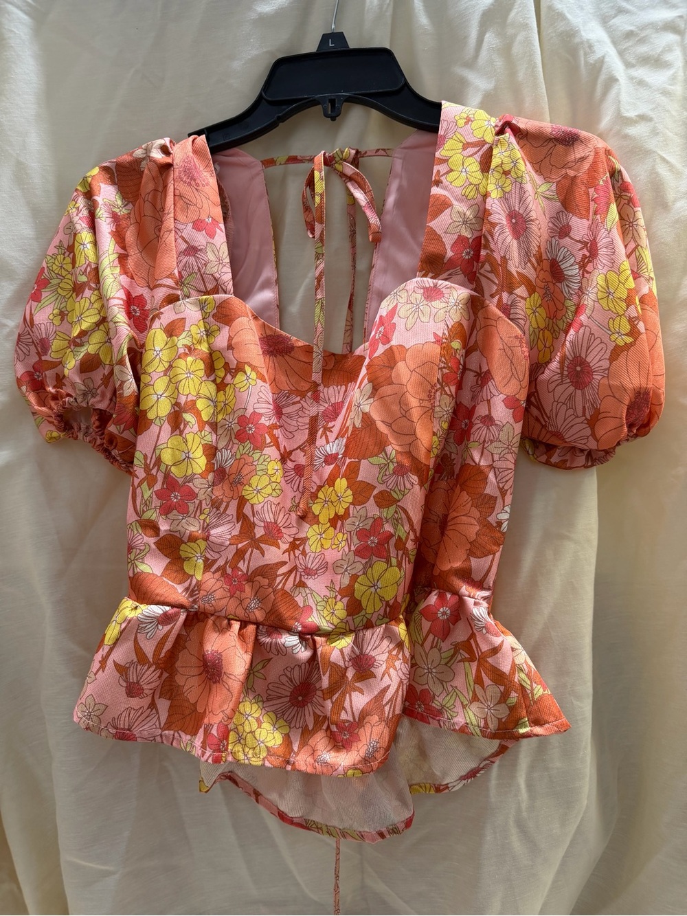 Lulu's Pink & Orange Floral Puff-Sleeve Peplum Top